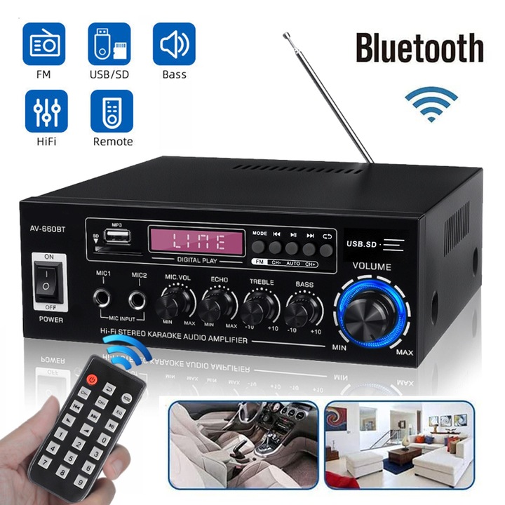 Звуков усилвател AV-660BT, AKKEE, 2 канала, Bluetooth 5.0, черен, 200x70x190mm