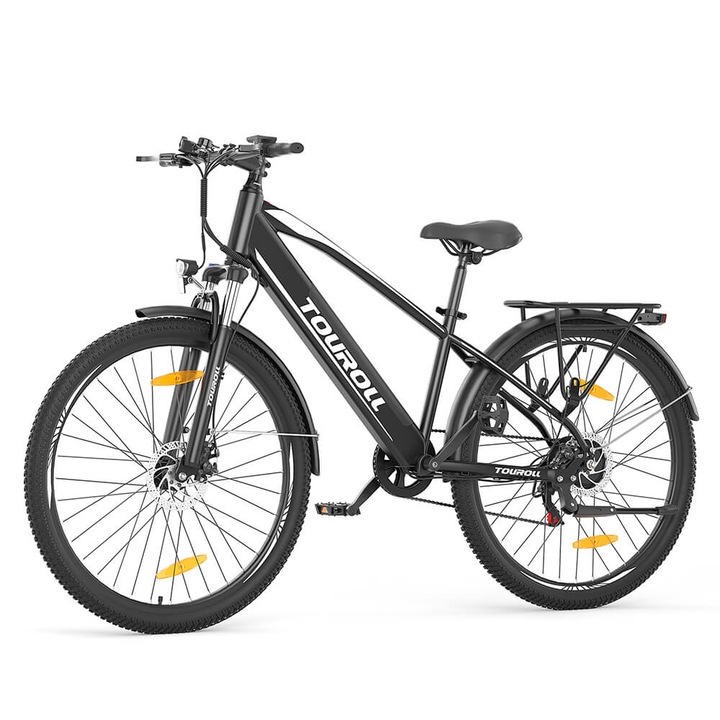 Elektromos kerékpár, Tourroll J1, 250 W-os motor, 27,5 hüvelykes kerekek, 561,6 Wh akkumulátor, 25 km/h, IPX4, 100 km, mechanikus tárcsafék, elektronikus fék, tökéletes tizenévesek és lovagolni tanuló felnőttek számára, ideális kalandoroknak, fekete