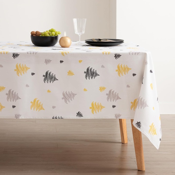 Fata de masa dreptunghiulara, Gamusi, din Bumbac Organic, cu imprimeuri brazi colorati, rezistenta la murdarie si apa, dimensiuni 140 x 240 cm, Alba