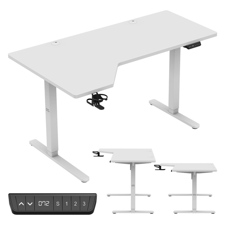 Birou electric reglabil pe inaltime 145 X 85 Cm, Mark Adler Leader 9.1, Greutate sustinuta de 70 kg, Suport pentru casti, Alb
