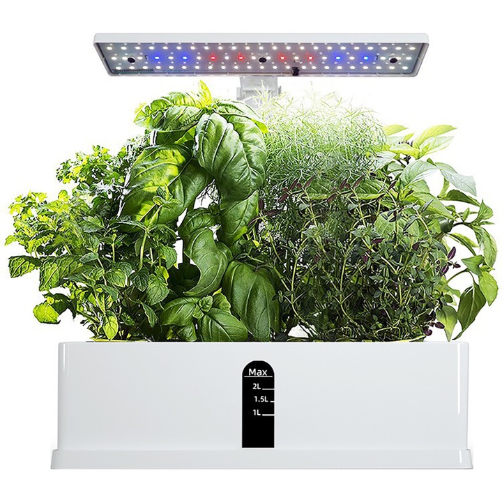 Hidroponikus cserép 9 növény számára, 15 W LED világítás, 10,5-60 cm magasságállítás, fehér