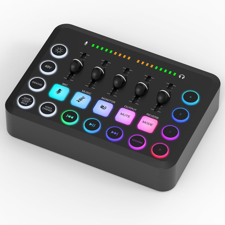 Стрийминг аудио миксер, звукова карта, с XLR интерфейс за микрофон, индивидуален контрол/регулатор на силата на звука/бутон за заглушаване/48V фантомно захранване за подкаст/запис/глас/глас за игра, WALALLA, черен