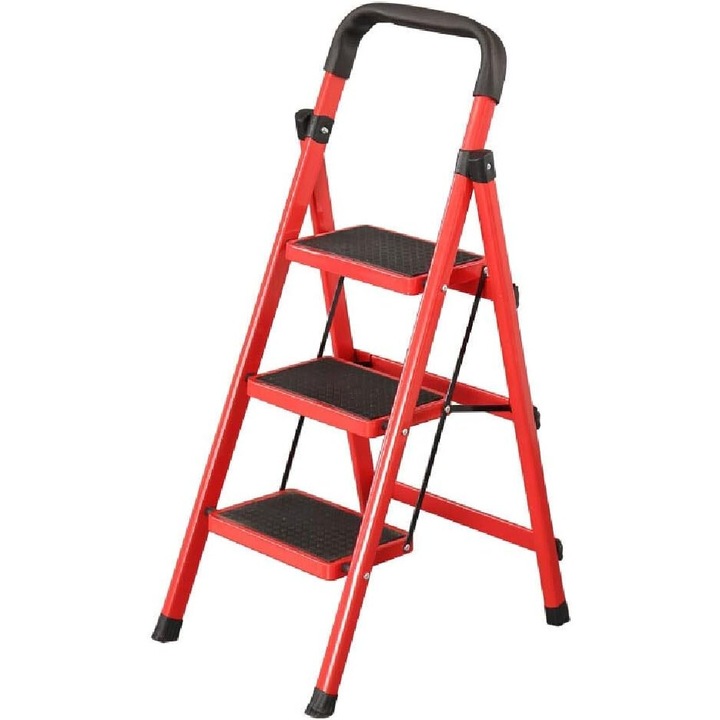 Сгъваема работна стълба Wacorresi, 3 стъпала, с дръжки, противоплъзгаща опора, червена, компактни размери