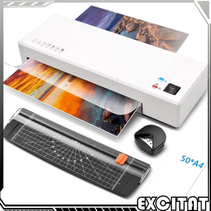 Laminator ARC, 4 in 1, A4, EXCITAT®, ABS, Mod rece/fierbinte, 340 mm/fmin, 2-3 minute de incalzire rapida, Preveniti infundarea cu un clic, cu 50 de placi de laminat, diverse dimensiuni, potrivita pentru acasa, scoala si birou, Alb