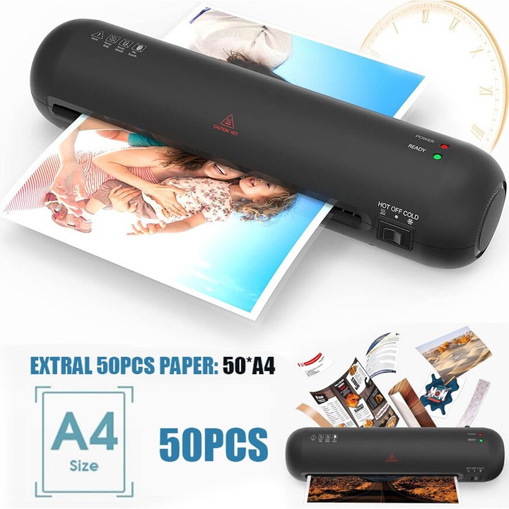 ARC ламинатор, 4 в 1, A4, EXCITAT®, ABS, режим Студено/Горещо, 340 мм/мин, бързо загряване 2-3 минути, предотвратяване на запушване с едно щракване, с 50 ламиниращи плочи, различни размери, подходящ за дома, училището и офиса, черен