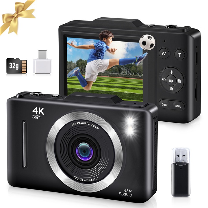 Bedee FHD 1080P 48MP digitális fényképezőgép, 16x digitális zoom, makró mód, fekete, 104x66x24mm, készlet 32 GB-os kártyával