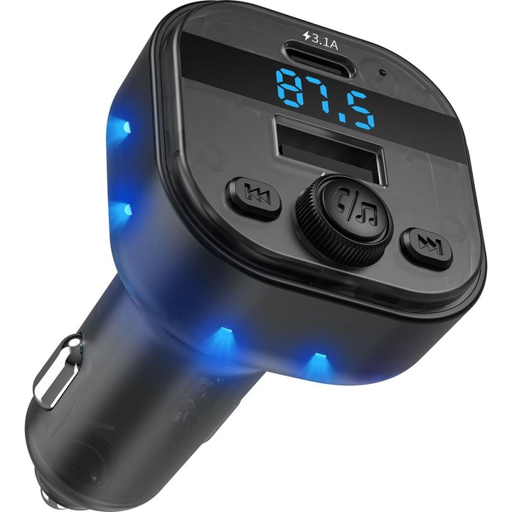 Autós töltő, USB+Type-C, gyorstöltés támogatás, fekete