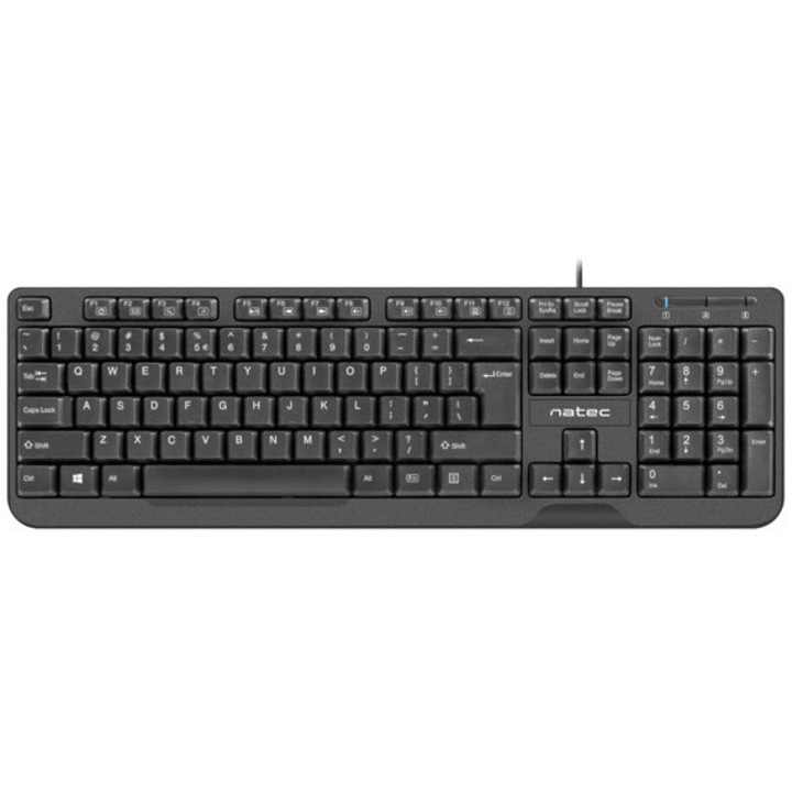 Tastatura NATEC TROUT, cu fir, slim cu design minimalist, taste ergonomice si silentioase, 12 taste multimedia, US layout, Negru
