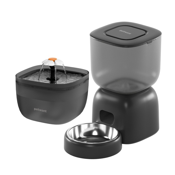 Set adapatoare si hranitor automat pentru animale, Petwant, control de la distanta, fereastra de vizionare, negru/transparent