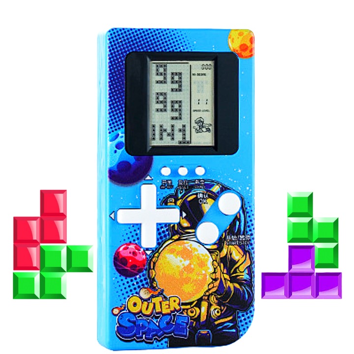 Consola de jocuri Retro Tetris 9999 in 1 cu Ecran Mare Astronaut in Spatiu Brick Game Portabil de Buzunar Consola joc clasic Tetris Albastru/Alb SprintMag®