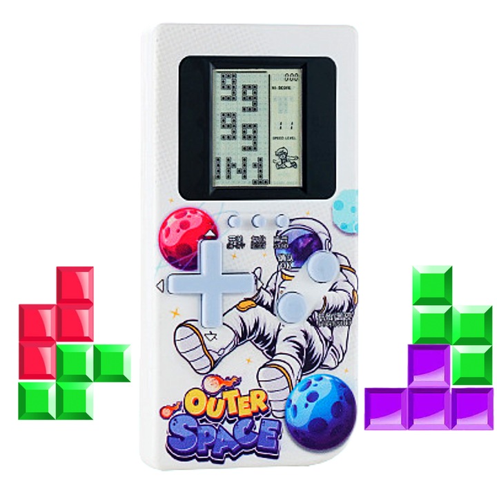 Consola de jocuri Retro Tetris 9999 in 1 cu Ecran Mare Astronaut in Spatiu Brick Game Portabil de Buzunar Consola joc clasic Tetris Alb SprintMag®