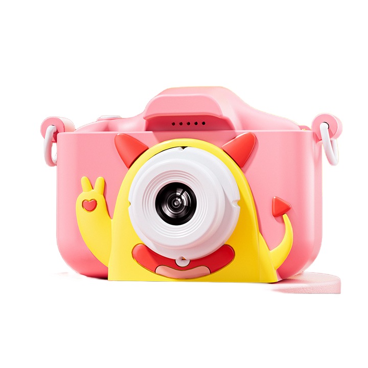 Camera mini Y20 pentru copii, design in forma de monstru galben, cu camere frontale si spate de 9600W pixeli, inclusiv card de memorie de 64GB