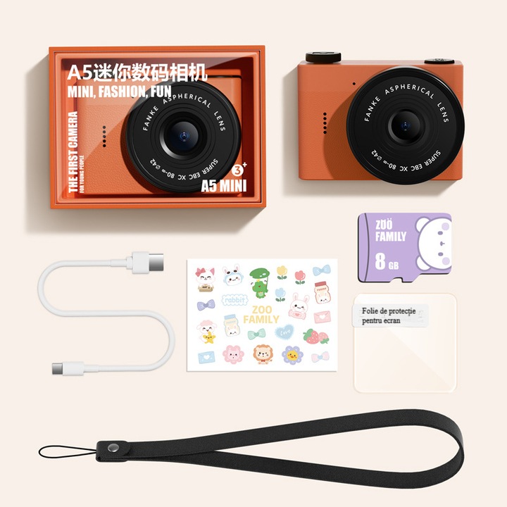 Camera mini A5 pentru copii, camere frontale si spate cu un total de 2000W pixeli, design retro, ecran IPS de 1, 54 inci, inclusiv card de memorie de 8GB, Portocaliu