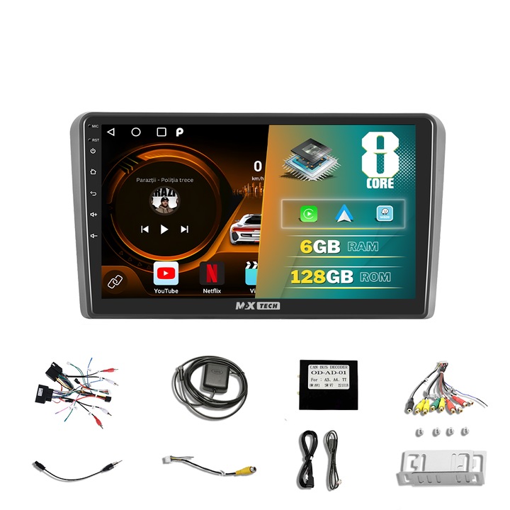 Navigatie Audi A3 ( 2003 - 2013 ) dedicata Android 13 si Carplay, MaxTech®, ecran de 9'' IPS, 6 GB RAM 128 GB ROM, DSP, EQ, RDS, functii GPS, WIFI, Radio, Bluetooth, Waze, MirrorLink