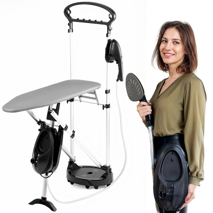 Fier de Calcat Profesional cu Aburi 2in1 Suporto M3 cu Masa Calcator, Steamer vertical cu putere de 1200W, Statie de Calcat pentru Haine, Fara Cute, Detasabil si Portabil, Rezervor aparat 0.8 L, pentru 30 min de lucru, 25g/ min Debit Abur, Negru/ Argintiu