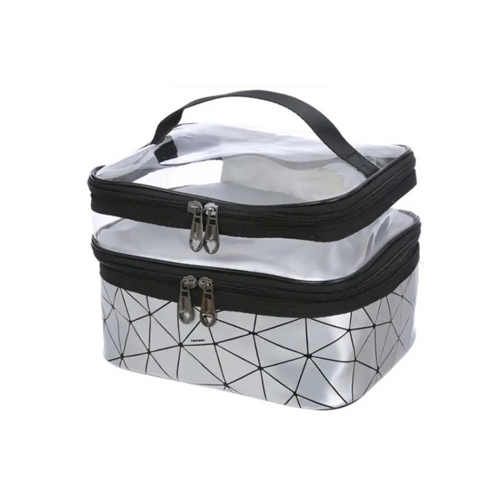 Чанта-органайзер за козметика и парфюм, Tecos, с дръжка, идеална за пътуване или багаж, сребриста, 2 отделения