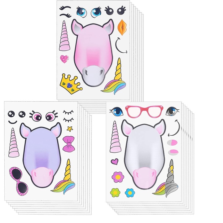 Set 24 cartoane cu stickere decorative unicorn, multicolor