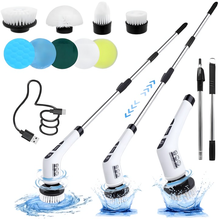 Forgó elektromos kefe tisztításhoz, 9 az 1-ben, Butoarka, 25 W, Bővíthető és állítható nyél, Újratölthető akkumulátor, 2000 mAh, Vezeték nélküli, Többfunkciós, Állítható sebesség, Különféle felületekhez, 9 kivehető fej, Könnyed hatékonyság, Fehér