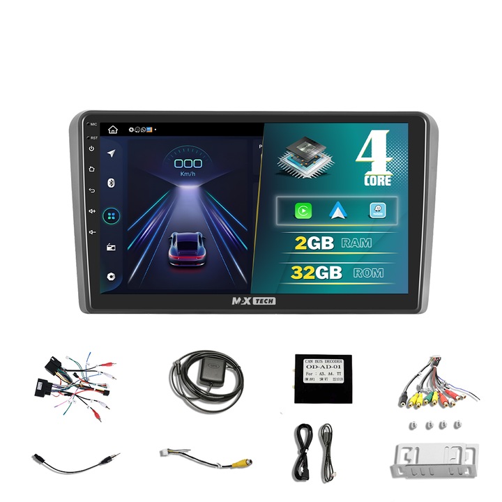 Navigatie Audi A3 ( 2003 - 2013 ) dedicata Android 13 si Carplay, MaxTech®, ecran de 9'' IPS, 2 GB RAM 32 GB ROM, DSP, EQ, RDS, functii GPS, WIFI, Radio, Bluetooth, Waze, MirrorLink