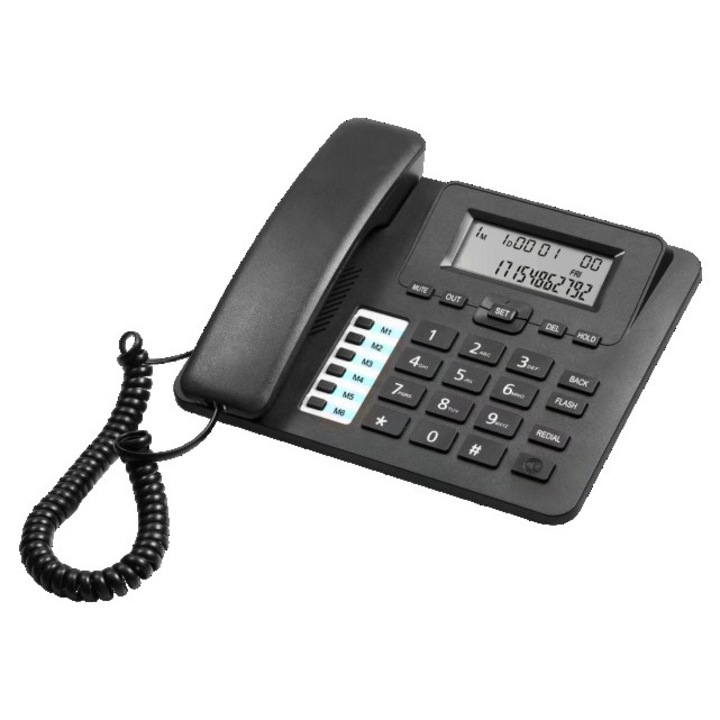 Set telefonic cu fir, ID apelant LCD, apelare rapida cu 6 grupuri, apelare maini libere HD, contrast pe 5 niveluri, reglare volum pe 4 niveluri, negru
