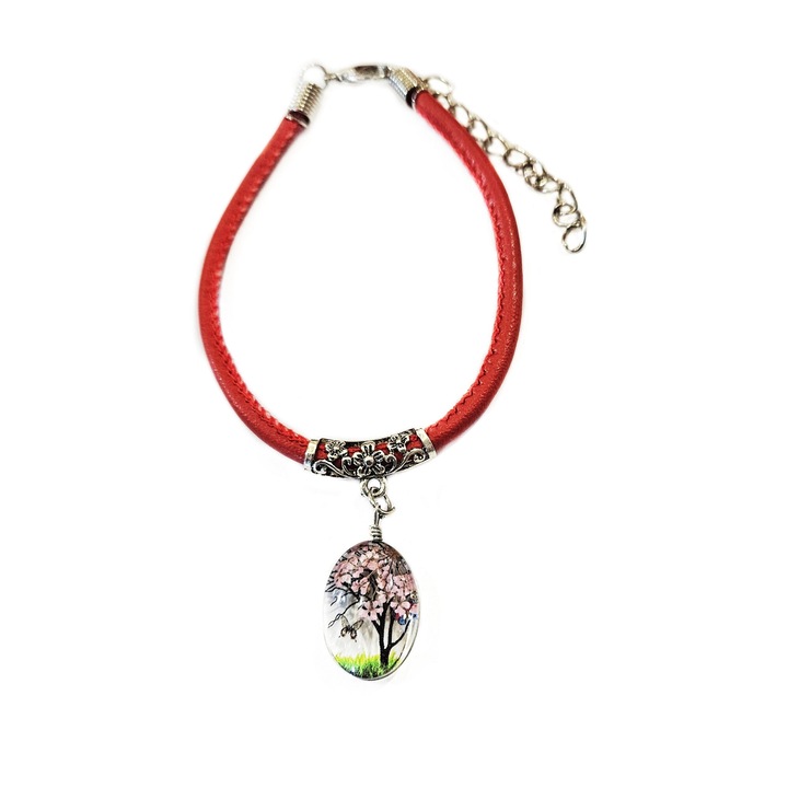 Martisor Bratara Copacel oval in rasina cu plantuta naturala roz deschis, din piele naturala lucrata manual by Wild Bracelets