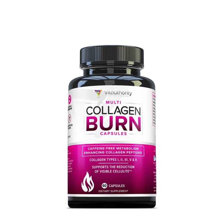 Vitauthority - Multi Collagen Burn: Caffeine-Free Metabolism Enhancing Collagen Peptides, Formula pentru Reducerea Celulitei si Arderea Grasimilor, 60 cps
