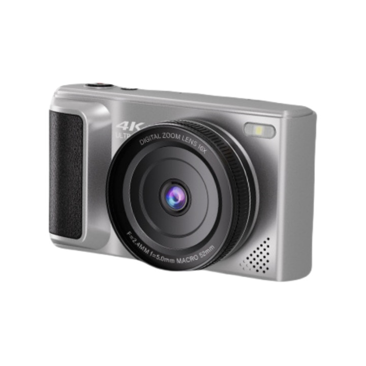 Camera digitala, 4K, memorie 64G, 64 de milioane de pixeli, ecran HD de 2,8 inchi, OTG, zoom 16x, stabilizare electronica a imaginii, filtre multiple, blit incorporat, rotatie de 180° in sus si in jos, cu obiectiv unghi larg + obiectiv macro, argintiu