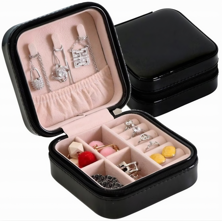 Cutie de bijuterii portabila VarioShop®, eleganta, compacta, versatila, cu doua separatoare detasabile si fermoar, pentru depozitarea colierelor, inelelor, cerceilor, piele ecologica, 10 x 10 x 5 cm, Negru