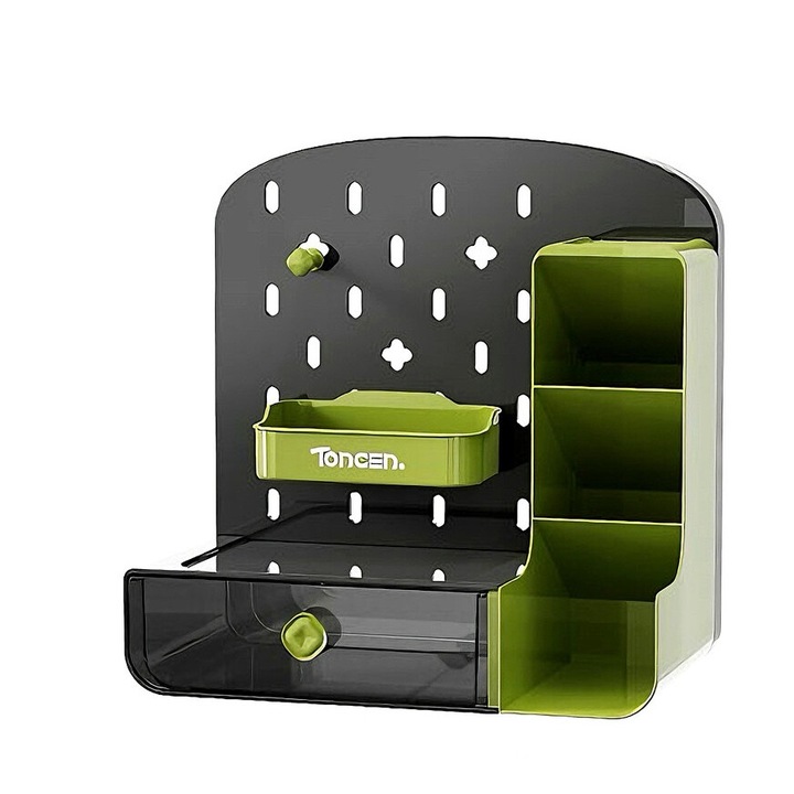 Raft desktop, negru si verde, PET, 25.3x15.2x25.5cm, cu manere rotunde si accesorii cu carlige