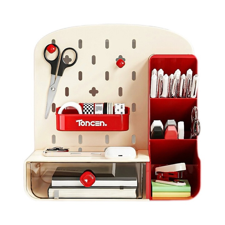 Raft de birou, rosu si alb, PET, 25.3x15.2x25.5cm, cu manere rotunde si accesorii cu carlige