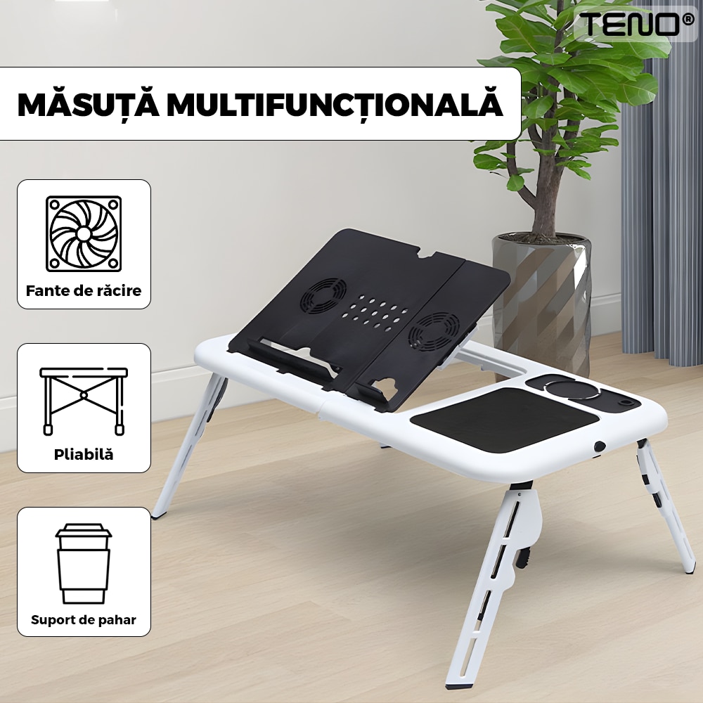 Masuta Universala Teno®, pliabila, pentru laptop/tableta/ mic dejun la pat, sistem cu fante de racire, suport pentru pahar, unghi reglabil, usor de depozitat, alb/negru