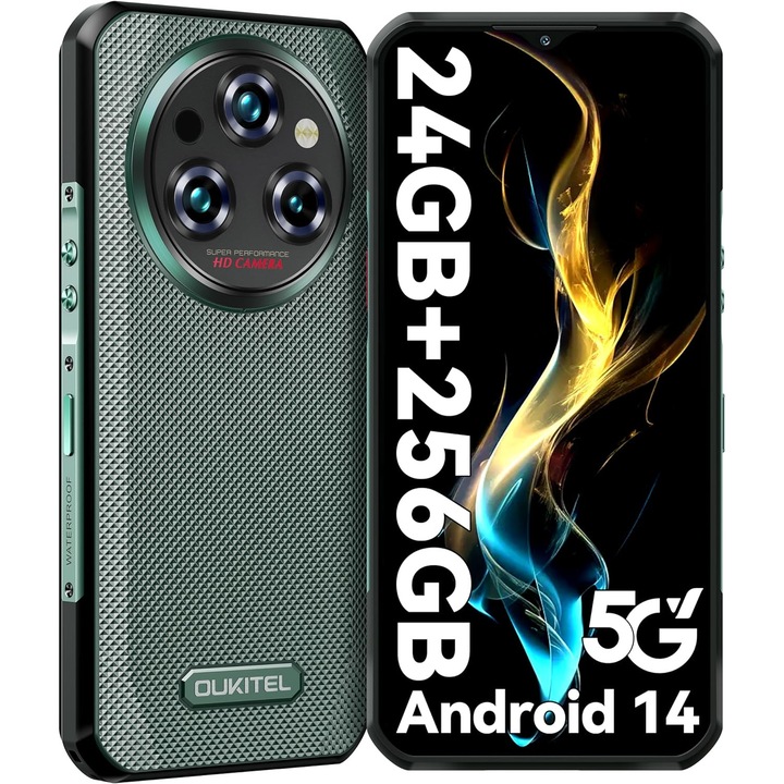 Мобилен телефон OUKITEL WP35, 5G, 11000mAh, Android 14, 24GB RAM + 256GB ROM, 6.6" FHD+ екран, 64MP + 32MP камера, IP68, зелен