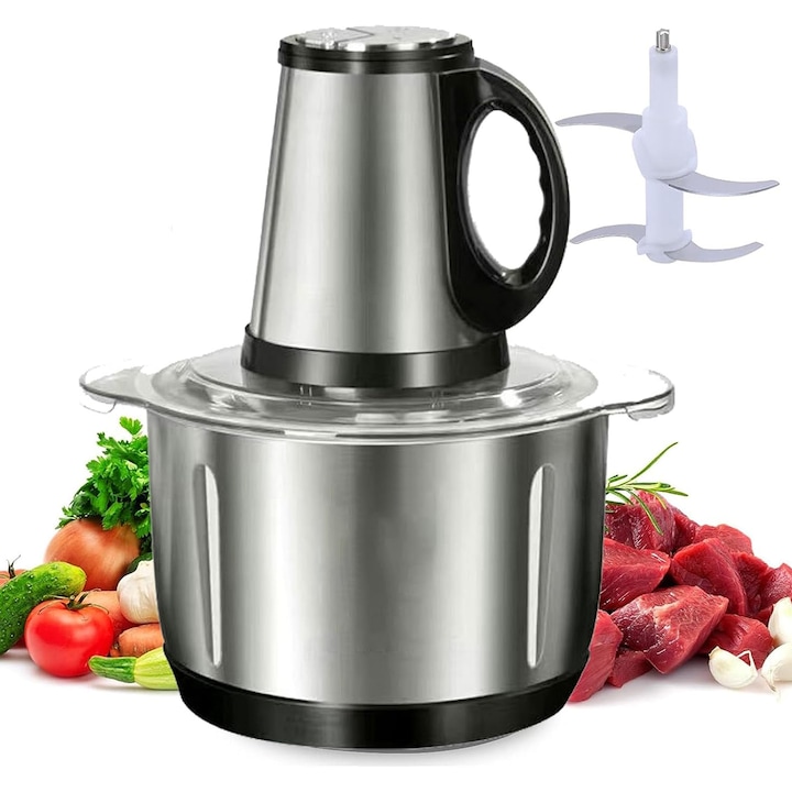 Tocator electric pentru carne si legume, RorAem, cu Tocator electric, 5 lame din otel inoxidabil, 3 viteze, 5L, angrenaj metalic, baza anti-alunecare, cu Tocator de legume, Potrivit pentru legume si carne, Argintiu