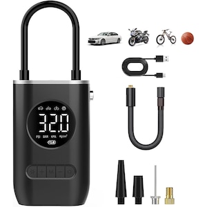 Compresor auto digital aer wireles, RorAem, cu Compresor auto digital 3 in 1, Compresor de aer portabil, cu iluminare LED de lucru, Afisaj numeric, 12V, Roll Fast, maxim 10 bar / 120 PSI, masina, bicicleta, motocicleta, mingi, pompa de aer fara fir Negru