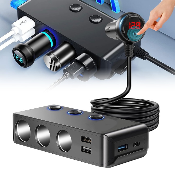 Adaptor priza auto multiplicator 7 in 1, RorAem, cu Adaptor priza auto, Impartitor auto, Protectie Supratensiune, LCD Digital, 128W, 4 porturi USB, Detectare Automata Tensiune, 2x soclu auto, 12V/24V, 120W, Negru