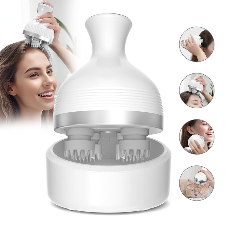 Aparat pentru Masaj Capilar, RorAem, cu Aparat de masaj pentru scalp, 4 capete de masaj detasabile, portabil, Capete din Silicon Pentru Scalp, Stimuleaza Cresterea Parului si Imbunatateste Circulatia Sanguina, Anti-Stres si Calmare, Alb