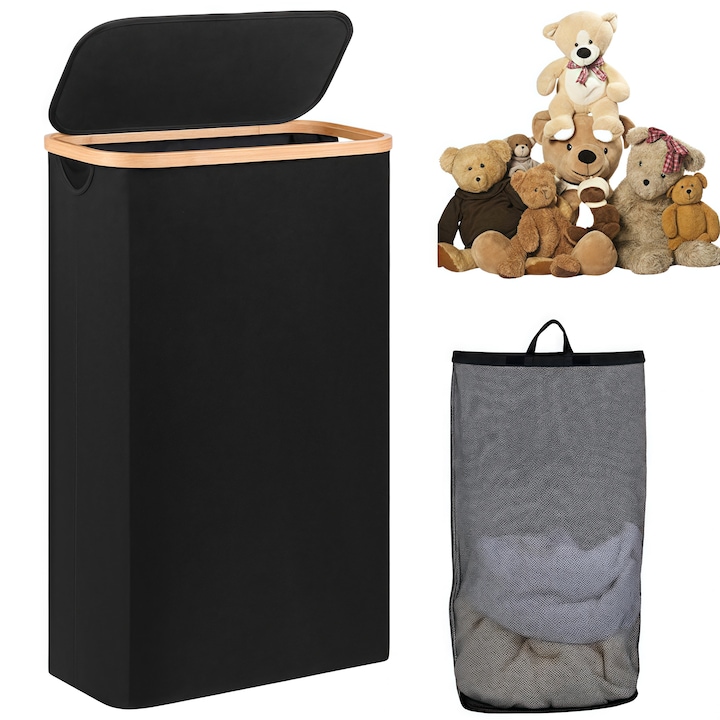 Cos de rufe din cu capac, RorAem, cu Cos pentru rufe, pliabil, cu capac si sac de rufe detasabil, Storage Large, portabil, design din bambus, negru, Poate folosi ca cos de gunoi, Panza Oxford, Pentru jucarii de haine in dormitor si in familie