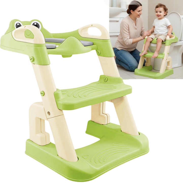 Reductor si Scaunel Inaltator WC pentru Copii 1An+, RorAem, Reductor si Scaunel Inaltator WC pentru Copii cu 2 in 1, design pliabil, inaltime reglabila, PVC impermeabil, Antiderapant, Anti-Stropire, Perna Moale
