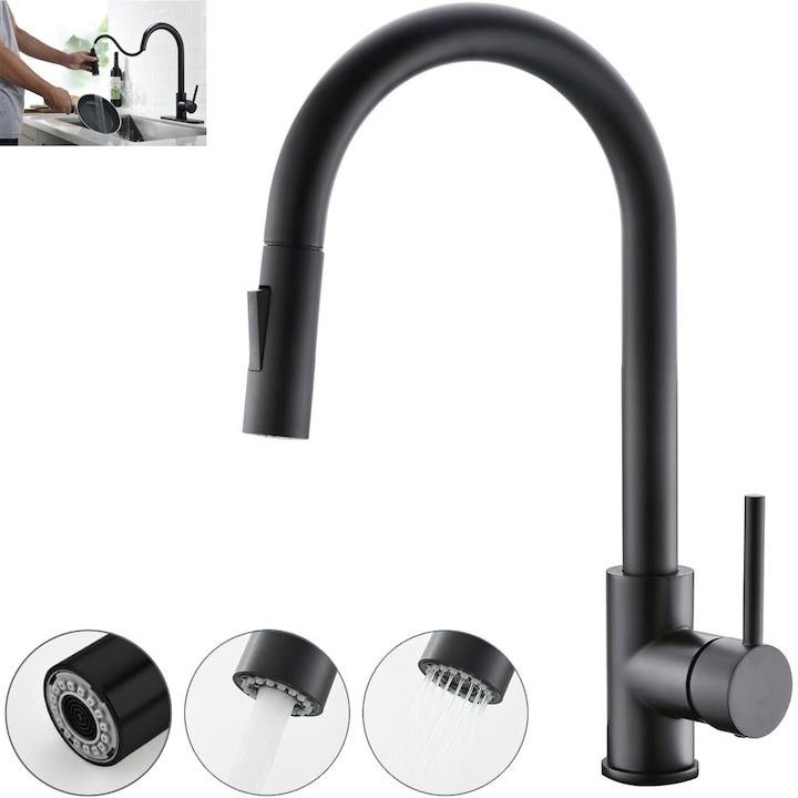 Baterie bucatarie cu dus extractibil, RorAem, cu Baterie bucatarie Premium multifunctionala, inox pivotant, design in arc inalt, monocomanda, 2 functii spray, Acoperita Silicon, Anti-coroziune si anti-rugina, Usor de instalat si de utilizat, Negru