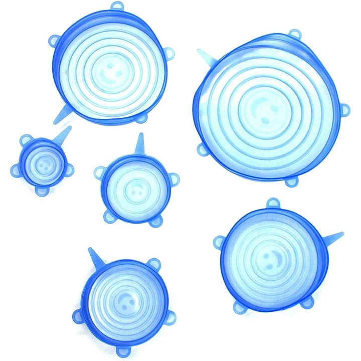 Set 6 Capace Reutilizabile din Silicon pentru Stocarea Alimentelor, Diverse Dimensiuni, Albastru