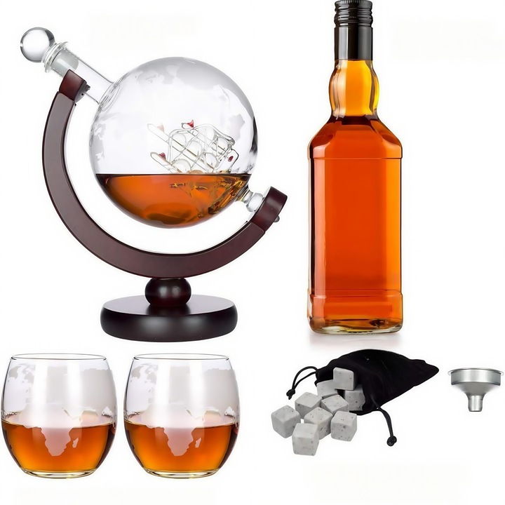 Комплект декантер Globe, RorAem, 4 чаши, стъкло, 1.5L