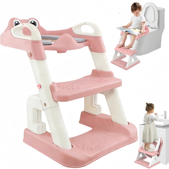 Reductor WC cu Scara, RorAem, Reductor de Toaleta pentru Copii, Reductor cu Scarita pentru Toaleta, design pliabil， inaltime reglabila, PVC impermeabil, Portabil, colac suprafata de siguranta antialunecare, Design Ergonomic, Sarcina maxima 50kg roz