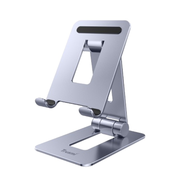 Suport TRUSMI LP15-11 pentru Telefon/Tableta de Masa/Birou, cu Brat reglabil 180 grade, Pliabil si Portabil, Intergral din Aluminiu si Protectii Silicon, Gri