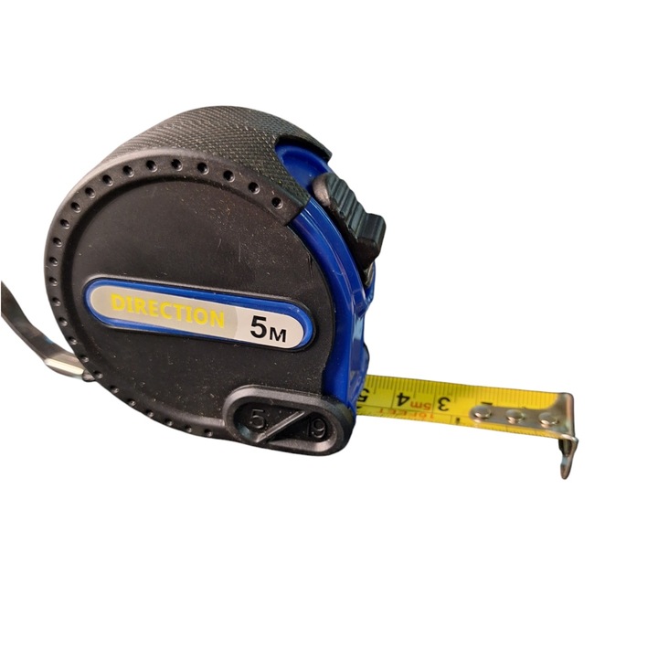 Професионална рулетка DIRECTION, дължина 5 м, ширина на жълтата лента 19 мм, бутон за заключване, хромирана кука за закачане, черен и син цвят, ергономичен дизайн