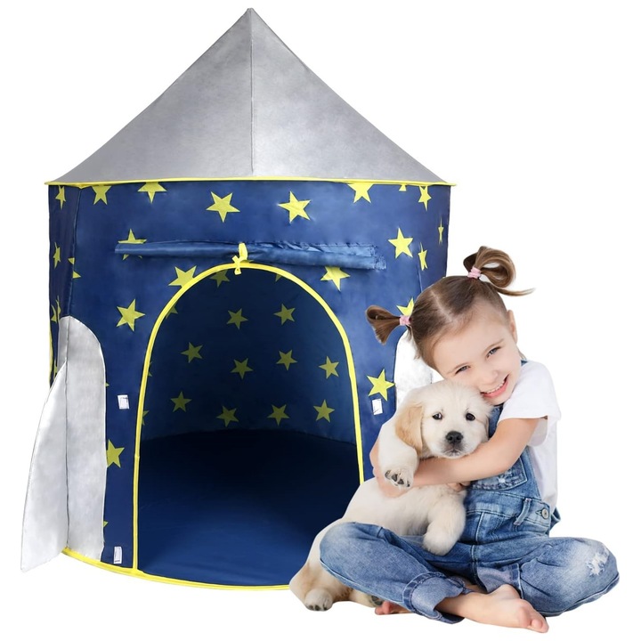 Детска палатка RorAem, космическа тема, изскачащ дизайн, синя, преносим размер