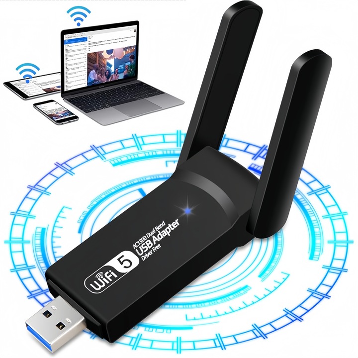 Adaptor Wireless USB, RorAem, Adaptor Wireless cu Adaptor Wireless Extender, cu antena externa, dual band 2.4GHz/5GHz, instalare fara drivere, WIFI6+BlueTooth, 1300Mbps, Transmitator/Receptor, Suporta PC/ laptop computer/desktop /tastatura, negru