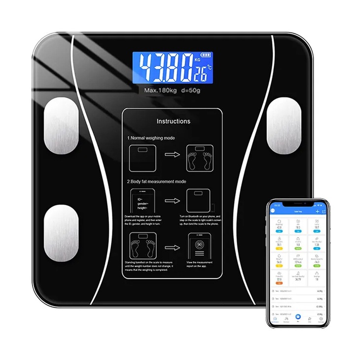 Кантар AKKEE, Електронен, 0,1-180 кг, Bluetooth връзка, LCD дисплей, 260x260x21 mm