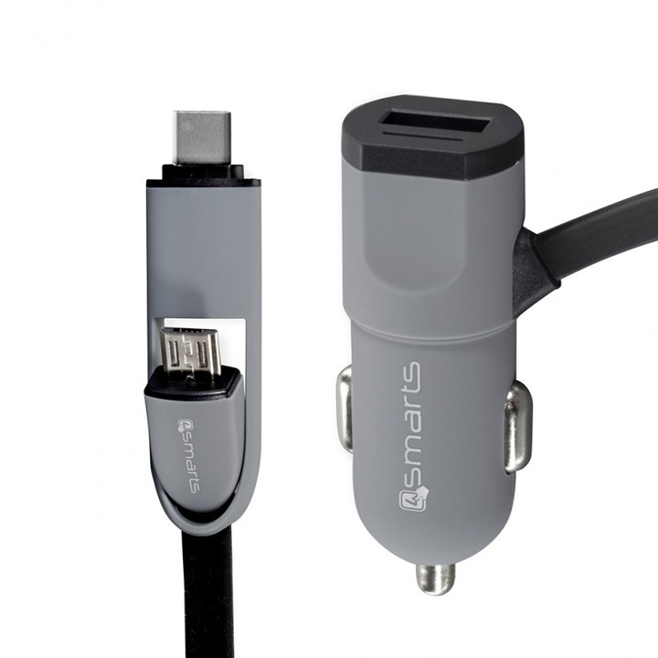 Incarcator auto 4smarts Multicord, MicroUSB - USB-C, 3.4A, 1m, Negru