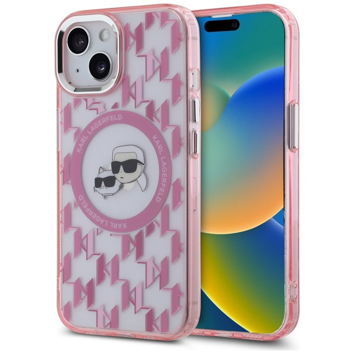 Husa Protectie pentru iPhone 15 Plus, F83, Lexgard, Powder Pink Monogram Karl&Choupette Head