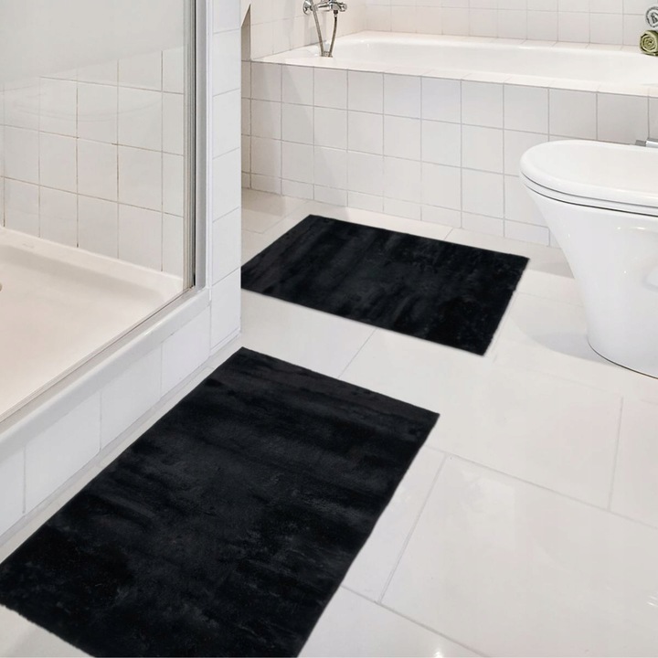 Covor de baie, e-floor, Rabbit Vivid, antiderapant, lavabil la masina, dreptunghi, 15mm, 50x80cm, poliester, Negru